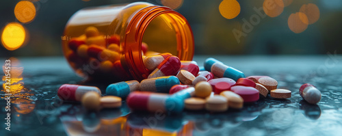 Detailed shot of prescription pills spilling out from an open bottle onto a reflective surface, focusing on the variety of shapes and colors photo