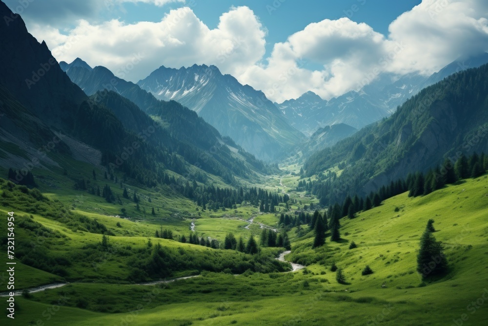 Fototapeta premium Mountain green landscape. Green water travel. Generate Ai