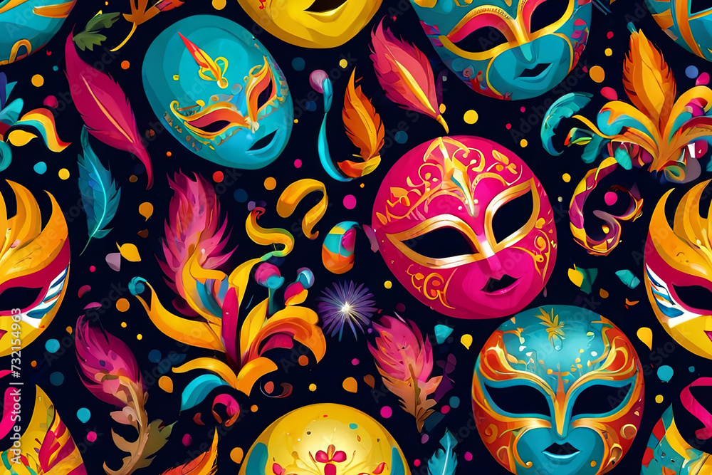 Carnival celebration pattern. Vibrant masks, confetti, and festivity-inspired design. Perfect for lively themed projects.