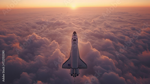 Top view Space Shuttle Flying Over The Clouds,generative ai