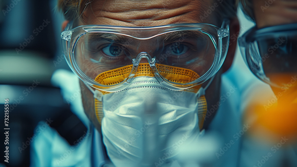 Two doctors in science lab looking into a microscope, wearing blue doctors clothing, wearing glasses, generative ai Two doctors in science lab looking into a microscope, wearing blue doctors clothing, wearing glasses, generative ai
