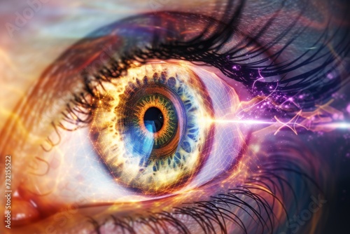 Human Cyborg AI Eye eyeglasses. Eye star optic nerve lens corneal laceration repair color vision. Visionary iris optic disc pit sight lamellar keratoplasty eyelashes