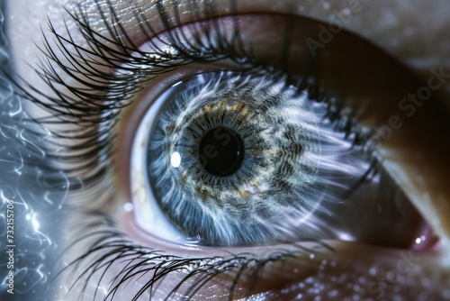 Human Cyborg AI Eye optic nerve disorder. Eye eyelid swelling optic nerve lens lens implant color vision. Visionary iris farnsworth munsell sight blue eye eyelashes