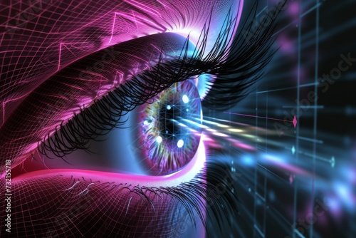 Human Cyborg AI Eye visionary trends. Eye Open angle glaucoma eye drop optic nerve lens lecm color vision. Visionary iris optic nerve ischemia sight scene eyelashes photo