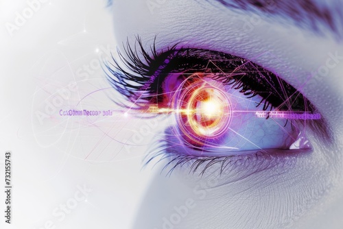 Human Cyborg AI Eye black. Eye compound eye optic nerve lens space color vision. Visionary iris optic nerve regeneration research sight visionary approach eyelashes photo