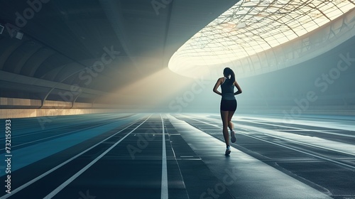 Woman athlete running on a race track in a sports arena