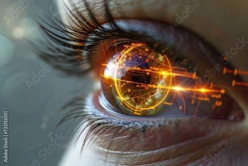 Human Cyborg AI Eye collaboration. Eye optic nerve cupping optic nerve lens cone cells color vision. Visionary iris color constancy sight Miotic eye drop eyelashes photo