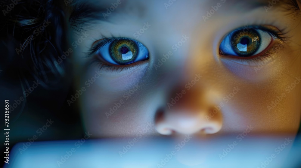 A closeup of a childs face as they play a game on a tablet showcasing the allure and addictive nature of technology for young minds.
