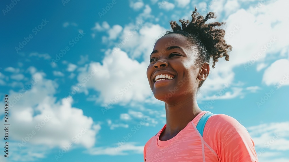 Fitness, black woman and happy athlete smile after running, exercise and marathon training workout. Blue sky, summer sports and run of a African runner breathing with happiness from sport outdoor Fitness, black woman and happy athlete smile after running, exercise and marathon training workout. Blue sky, summer sports and run of a African runner breathing with happiness from sport outdoor