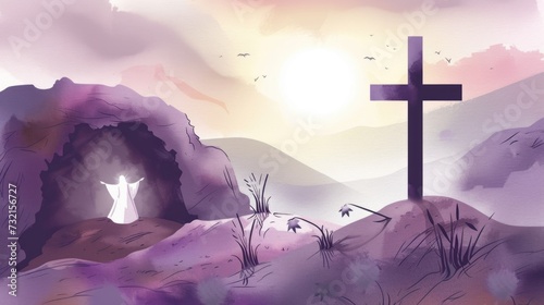 A painting of a cross and a person in a cave For Christian backgrounds, decorations, prints, a monochromatic purple background with copy-space
