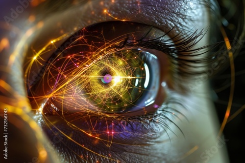 Human Cyborg AI Eye space. Eye eyesight optic nerve lens herpes simplex keratitis color vision. Visionary iris blindness sight lens subluxation syndrome eyelashes photo