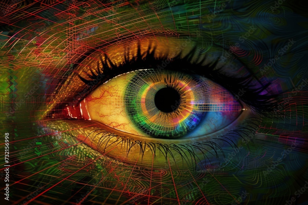 Obraz premium Human Cyborg AI Eye optical aberrations. Eye see optic nerve lens pupil color vision. Visionary iris ocular sight Carbonic anhydrase inhibitor eye drop eyelashes
