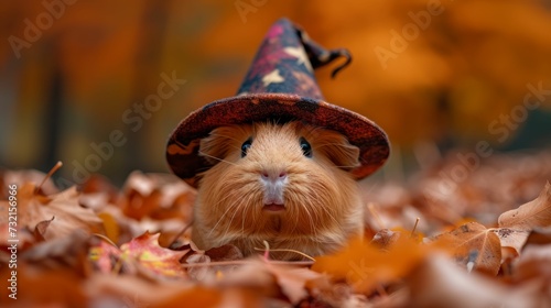 A witch-hatted guinea pig within a bed of autumn leaves, showcasing the season's magical essence with a soft-focus