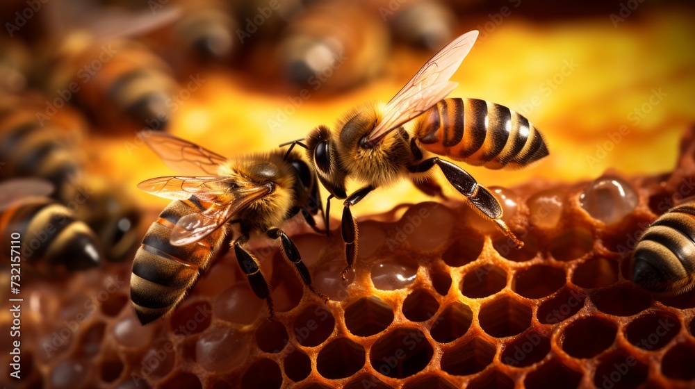 bee on honeycombs with honey slices nectar into cells. Neural network AI generated art bee on honeycombs with honey slices nectar into cells. Neural network AI generated art