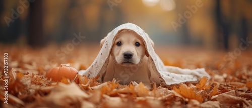A puppy cloaked as a ghost behind a pumpkin, with an evening scare-scene blur, embodies the playful spookiness of the season photo