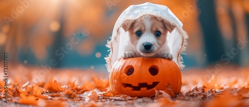 A pup in specter attire peeking over a pumpkin, with a spooky evening blur, conveys the playful spirit of Halloween photo