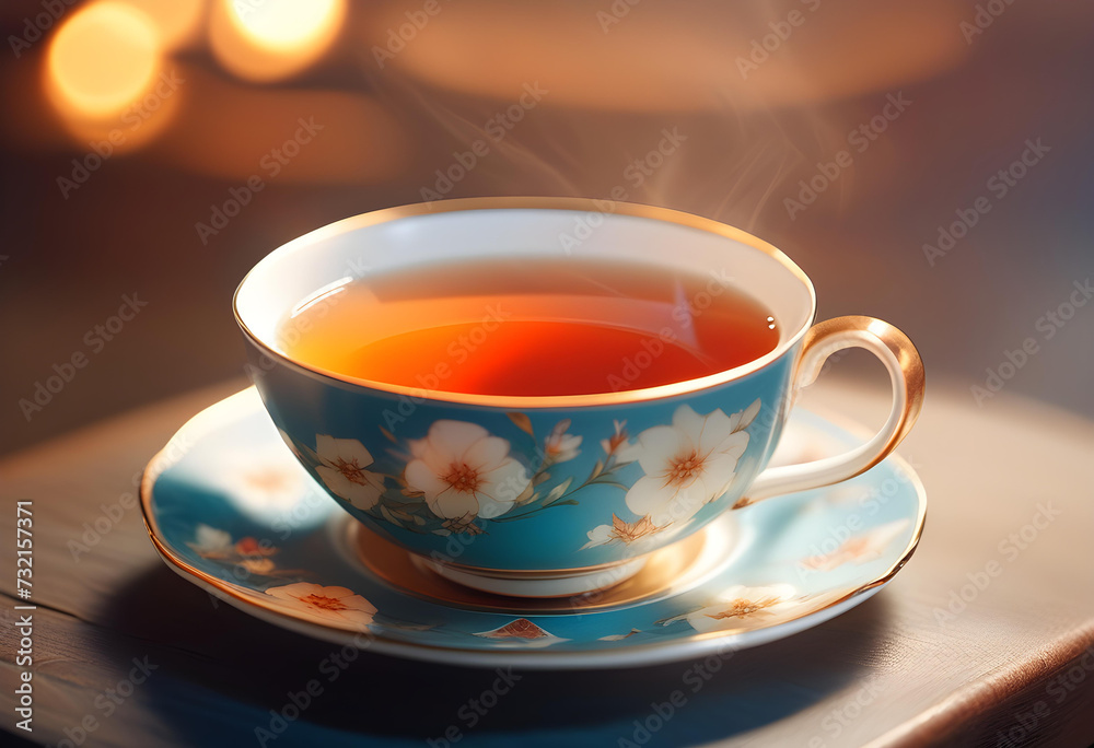 Fototapeta premium Tea. Cup. Table. Drink. Beverage. Refreshment. Teatime. Relaxation. Aroma. Herbal. Cozy. Warmth. Comfort. Tea Break. Morning. AI Generated.