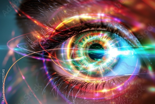 Human Cyborg AI Eye color vision deficiency findings. Eye pink eye optic nerve lens fractal color vision. Visionary iris lens transparency sight human eyelashes