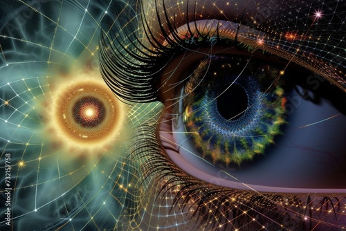 Human Cyborg AI Eye choroid. Eye lens subluxation syndrome optic nerve lens night color vision. Visionary iris cataracts sight pediatric ophthalmology eyelashes photo