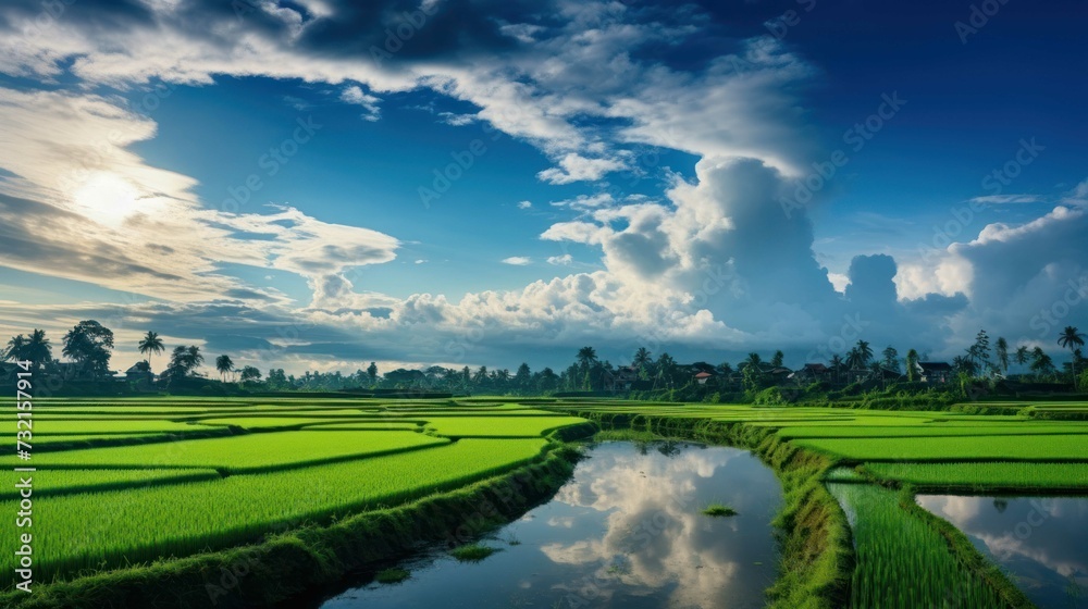 Fototapeta premium A peaceful river flows through a rice field under a clear sky