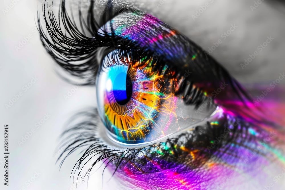 Human Cyborg AI Eye clear lens extraction. Eye Mydriatic eye drop optic nerve lens woman color vision. Visionary iris visual field sight constriction eyelashes - obrazy, fototapety, plakaty 