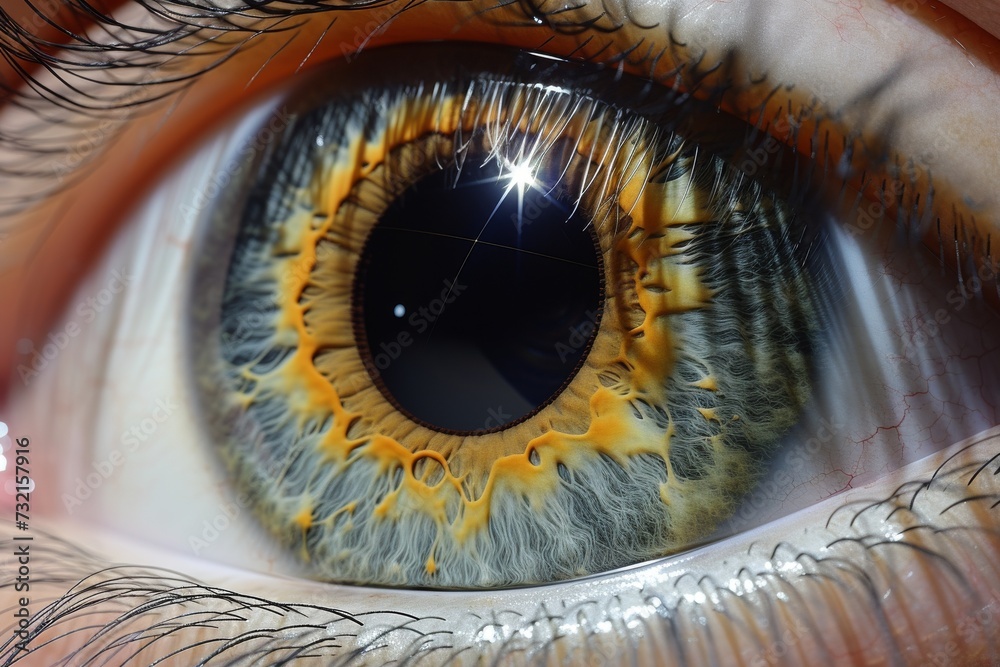 Human Cyborg AI Eye astigmatism. Eye visionary innovation optic nerve lens iris color vision. Visionary iris pupillary abnormality sight ciliary body eyelashes