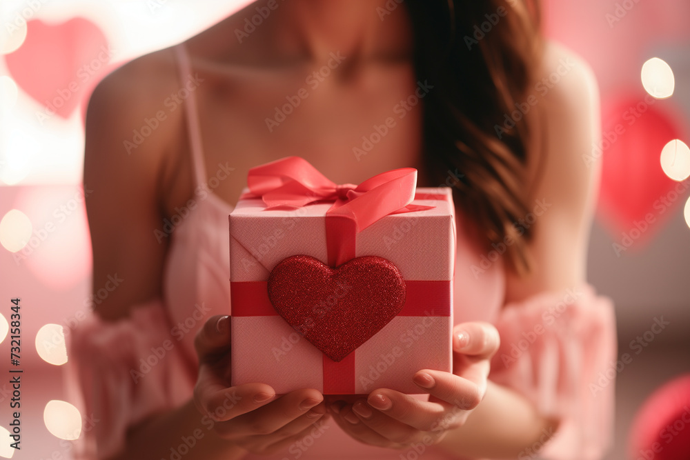 Beautiful woman holding a gift on Valentine's Day Beautiful woman holding a gift on Valentine's Day