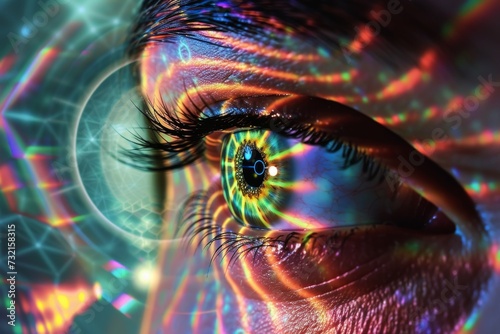 Human Cyborg AI Eye beauty. Eye color vision pathology optic nerve lens scleral buckle surgery color vision. Visionary iris sun sight ophthalmic vein eyelashes