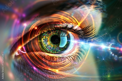Human Cyborg AI Eye blue. Eye ophthalmic research optic nerve lens spherical aberration color vision. Visionary iris ocular dominance sight black eye eyelashes