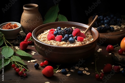Nutritious Muesli oats fruits. Food cereal organic. Generate Ai