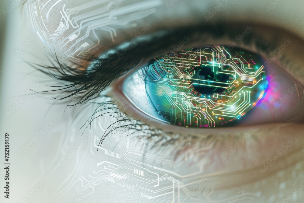 Human AI Eye optical lens. Eye eyelash optic nerve lens