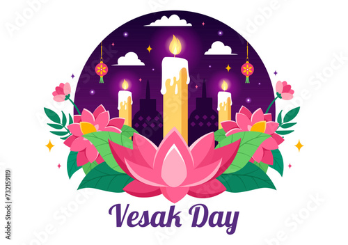 Vesak Day Celebration Vector Illustration with Temple Silhouette, Lotus Flower, Lantern or Buddha Person in Holiday Flat Cartoon Background