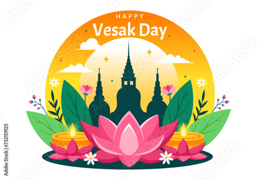 Vesak Day Celebration Vector Illustration with Temple Silhouette, Lotus Flower, Lantern or Buddha Person in Holiday Flat Cartoon Background