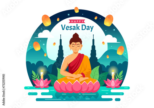 Vesak Day Celebration Vector Illustration with Temple Silhouette, Lotus Flower, Lantern or Buddha Person in Holiday Flat Cartoon Background