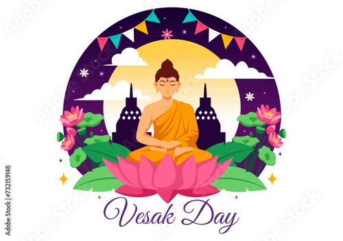 Vesak Day Celebration Vector Illustration with Temple Silhouette, Lotus Flower, Lantern or Buddha Person in Holiday Flat Cartoon Background