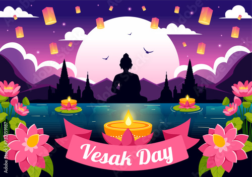 Vesak Day Celebration Vector Illustration with Temple Silhouette, Lotus Flower, Lantern or Buddha Person in Holiday Flat Cartoon Background