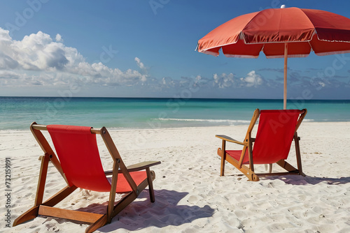 Relaxing beach scene. Two chairs and umbrella on beautiful white sand beach  sunny day by the ocean.