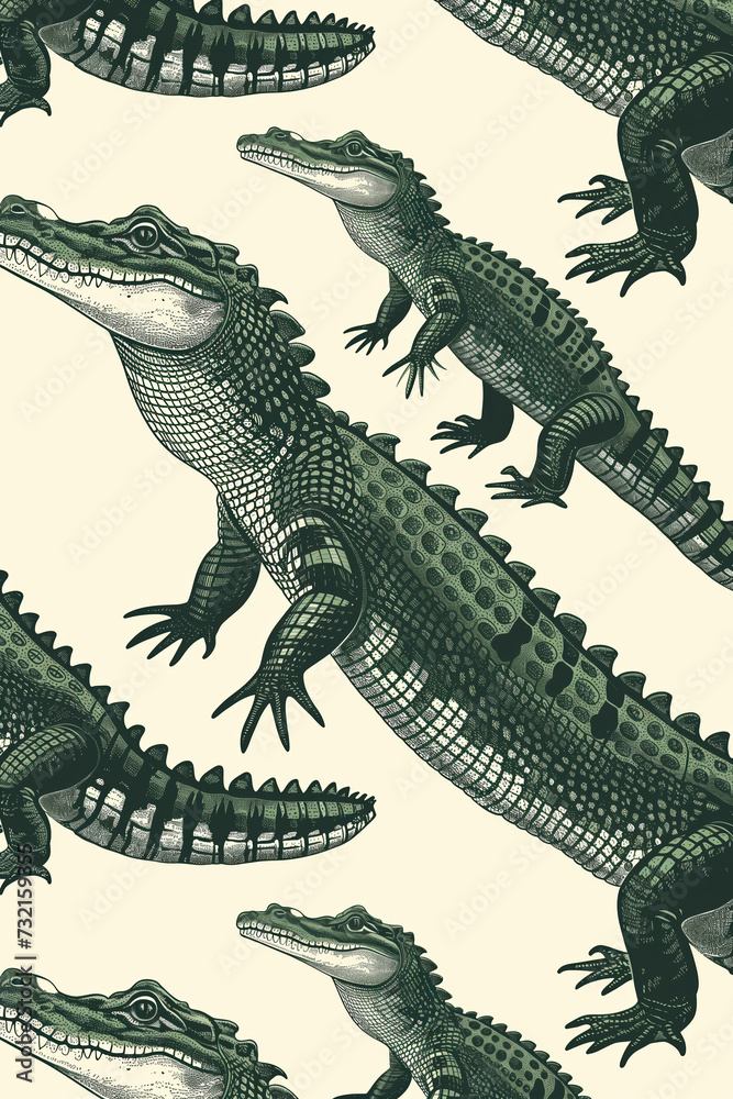 Fototapeta premium Seamless pattern of hand-drawn illustration of crocodile crawling around 