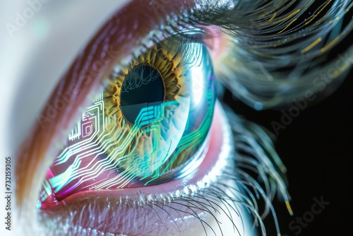 Human Cyborg AI Eye optic nerve assessment. Eye imagination optic nerve lens color blindness color vision. Visionary iris woman sight snellen chart eyelashes photo