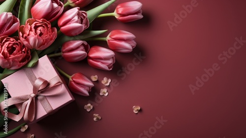 Tulips and box gift background. Springtime holiday card design with copy space area for text. Mother day, and romantic background.