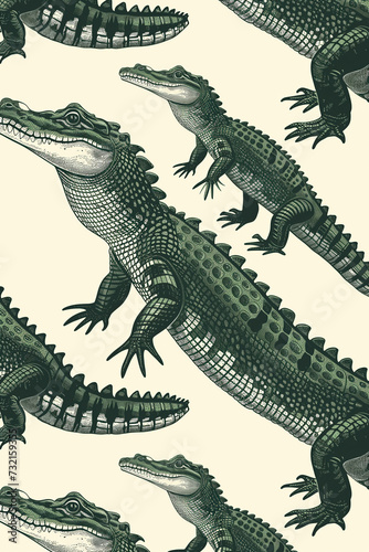 Seamless pattern of hand-drawn illustration of crocodile crawling around 