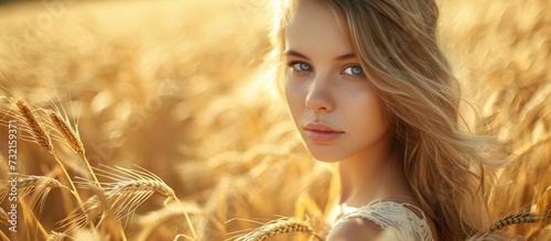 A happy young woman with long blond or brown hair stands amidst a wheat field, her smile as radiant as her eyelashes and her beauty rivaling that of a fawn in the grass. photo