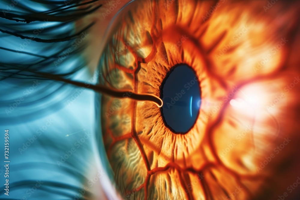 Human Cyborg AI Eye myopia. Eye Glaucoma medication compliance optic nerve lens eyelid edema color vision. Visionary iris beauty sight convex lens eyelashes