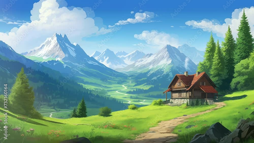 Animated illustration of a house in a natural valley with mountain views. Animated scenery background illustration.