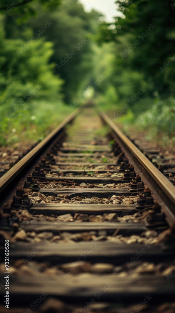 Obraz premium Forest railway tracks winding through the peaceful countryside, showcasing the timeless beauty of steel rails and the nostalgic charm of old transportation lines