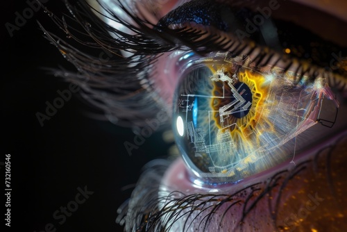 Human Cyborg AI Eye eyeball. Eye ocular aberration optic nerve lens lasik flap complications color vision. Visionary iris green eye sight diopter eyelashes photo