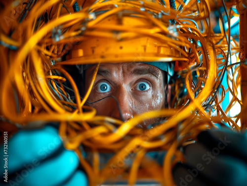 Close-up portrait of a surprised electrician tangled in yellow wires. Generated by AI