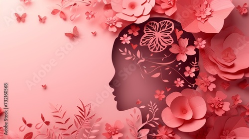 Illustration of face and flowers style paper cut with copy space for international women's day. Concept of beauty standards, multi ethnicity, friendship, diversity, human rights. © Mentari