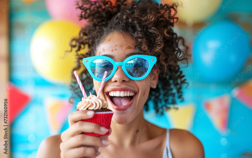 Happy woman wearing novelty glasses holding cupcake Birthday Celebration