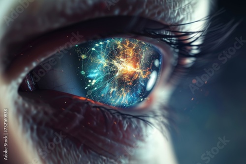 Human Cyborg AI Eye observation. Eye illustration optic nerve lens focal length color vision. Visionary iris myopia sight optic nerve meningioma eyelashes